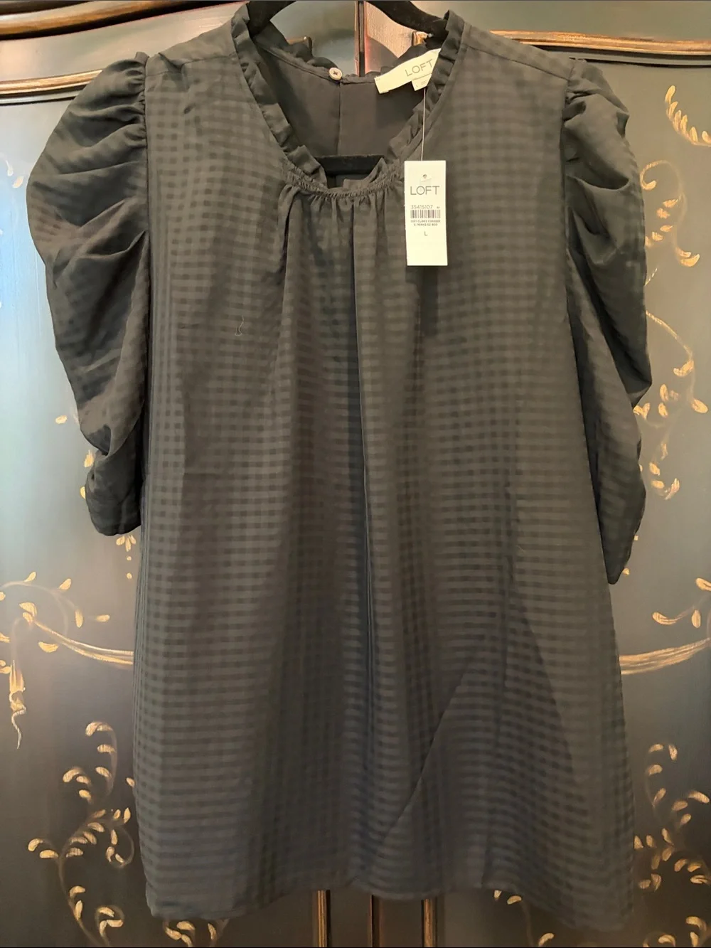 LOFT Black Check Puff-Sleeve blouse